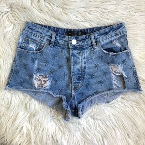 REVOLVE Animale Palm Tree Print Denim Distressed Cut Off Jean Shorts Size Small